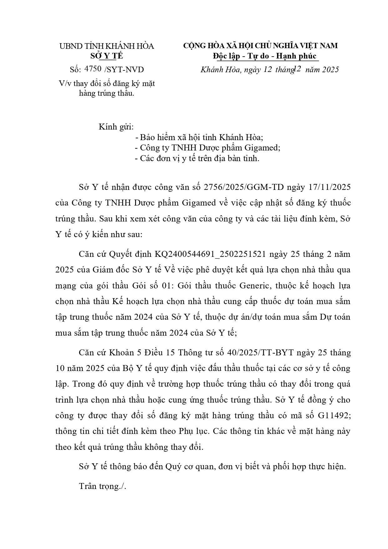 V/v thay đổi số đăng ký mặt hàng trúng thầu.